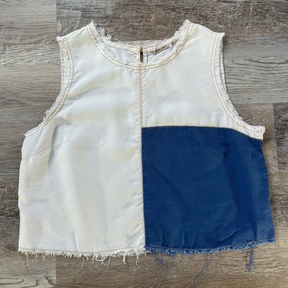 Anthropologie Tops - Anthro Holding Horses Linen Patchwork Sleeveless Top Raw Hem Boho Cottagecore